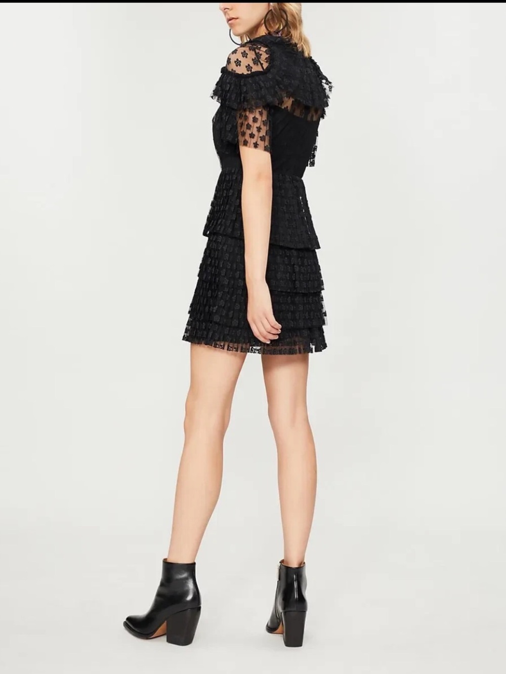 Sandro Paris Black Floral Pleated Ruffle Lace Mini Dress Whimsygoth Feminine - Picture 15 of 16
